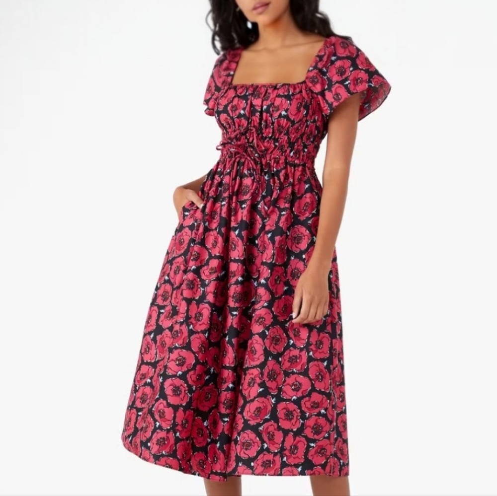 Kate Spade Poppy Toss Square-neck Midi Dress